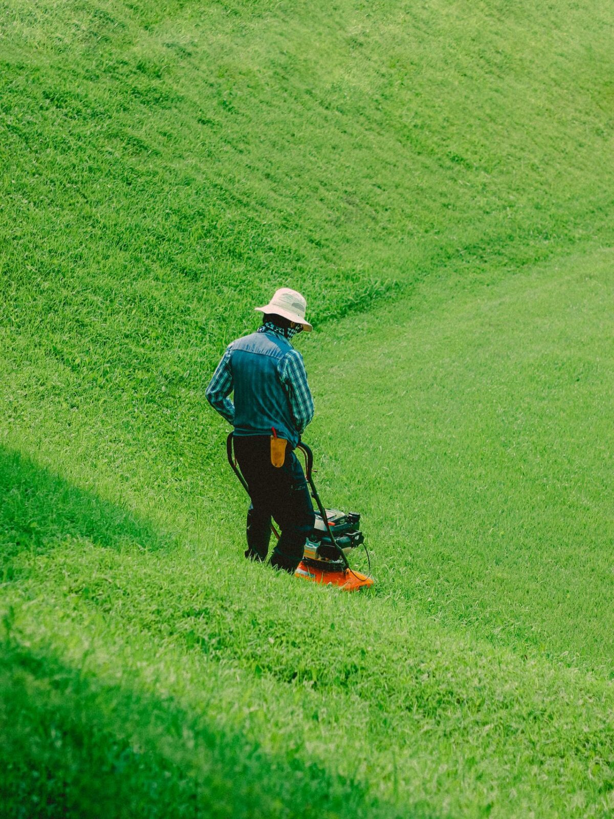 Lawn care professional mowing a healthy green Houston lawn